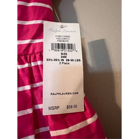 Ralph Lauren Toddler 24Mo Dress & Bloomers Set Pink White Stripe Preppy Coastal - Picture 8 of 11